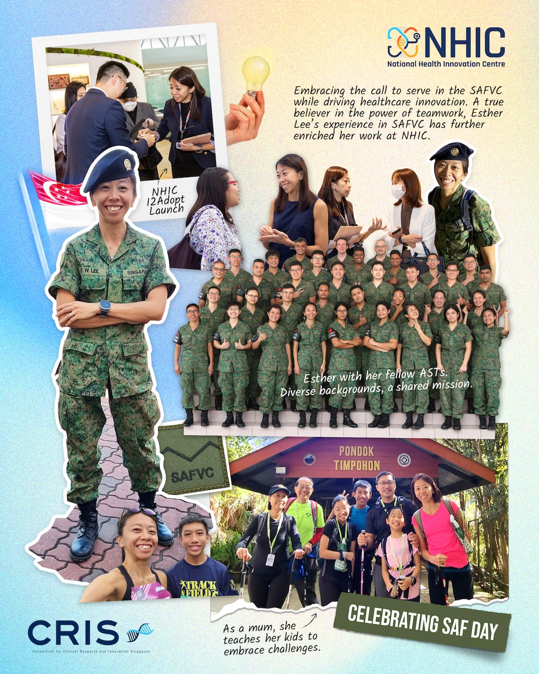 Collage shows Esther Lee in SAFVC military uniform, group photos, and text about driving healthcare innovation and embracing challenges.